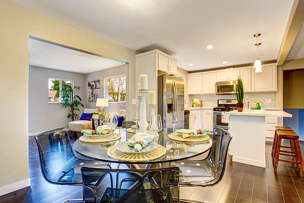 istock Modern kitchen room interior with white cabinets, stainless steel 595328286