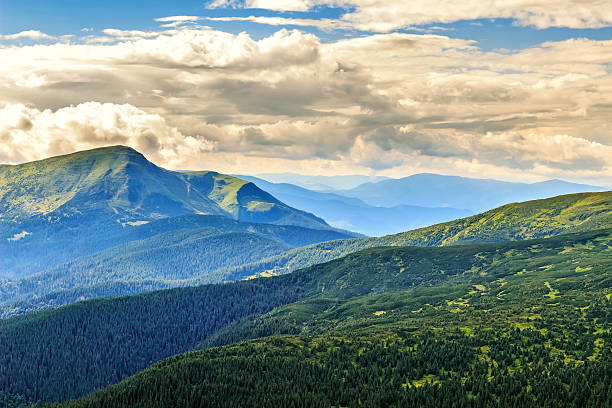 istock Picturesque Carpathian mountains landscape, view from the height 595330424