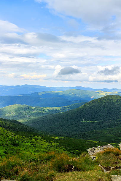 istock Picturesque Carpathian mountains landscape, view from the height 595330916