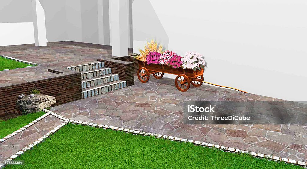Artistic characteristics of planning an outdoor area, 3d render Artistic landscaping ideas. 3d exterior with complete lighting. Floral Pattern Stock Photo