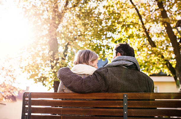 istock Senior couple sitting on bench, autumn nature. Rear view 595336462