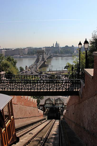 budapest - vista desde el funicular de la colina de buda - budapest chain bridge panoramic hungary fotografías e imágenes de stock