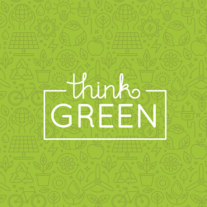 Vector design with seamless pattern and hand-lettering text - think green - ecology and green energy concepts in  trendy linear style