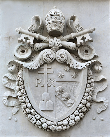 Pope Pius VII emblem in Pincio Gardens public park in Rome, made in 1822