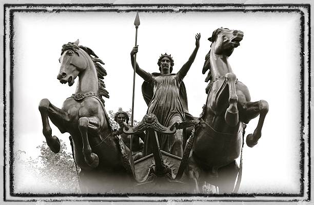 boadicea Monument on Victoria Embankment Black and white image of Boadicea monument with a vignetted feathered edge boadicea statue stock pictures, royalty-free photos & images