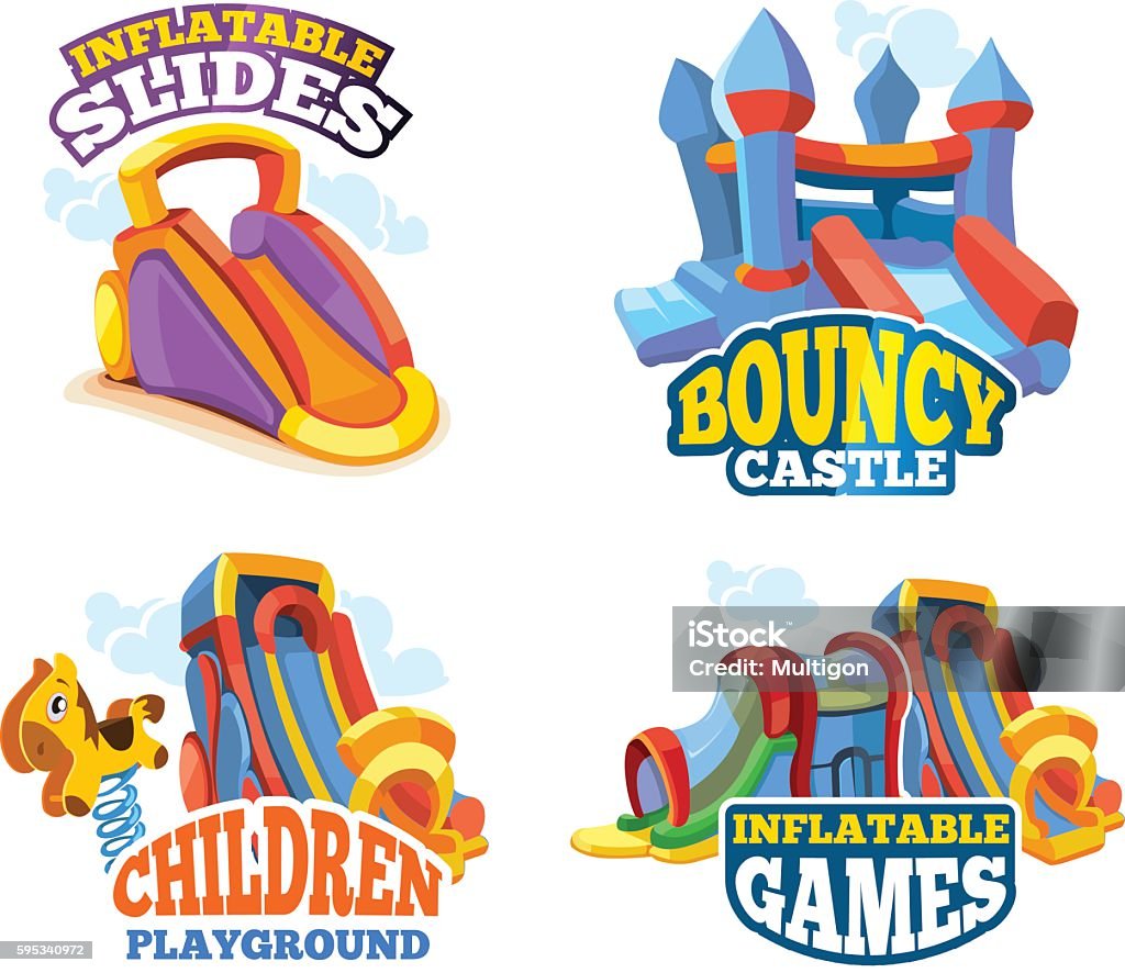 Vector illustration of summer labels Vector illustration set of color emblems with toys for games on inflatable playground. Advertise labels with place for your text. Pictures isolate on white background. Flat style Inflatable stock vector