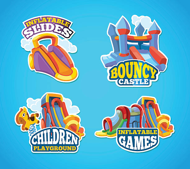 illustrations, cliparts, dessins animés et icônes de illustration vectorielle de l'été label - inflatable child playground leisure games