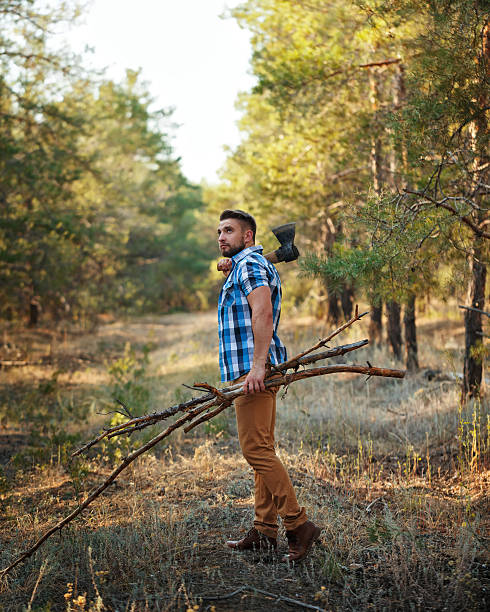 Lumberjack with an ax and firewood goes through woods. Woodcutter in plaid shirt chopped wood for the fire. Felling trees. Logging. Manual labor.