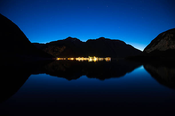 istock mountain lake with city lights in the evening 595342056