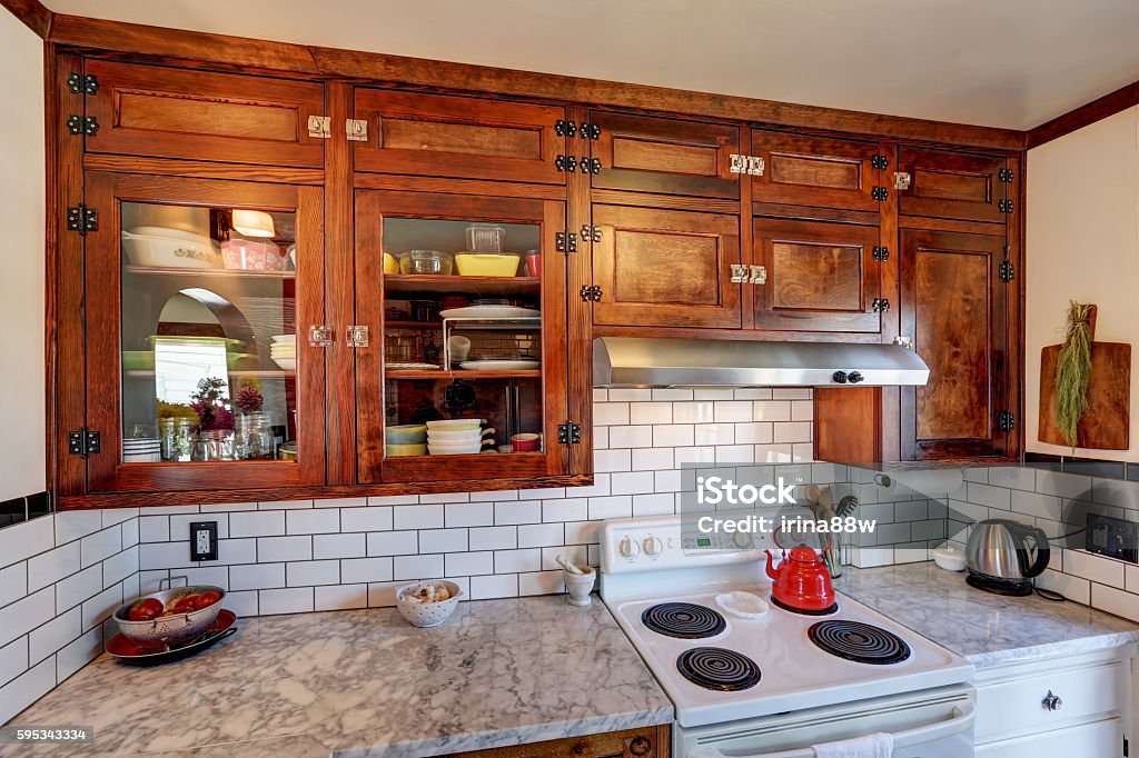 Vintage Kitchen Cabinets And White Tile Back Splash Trim Stock Photo -  Download Image Now - iStock