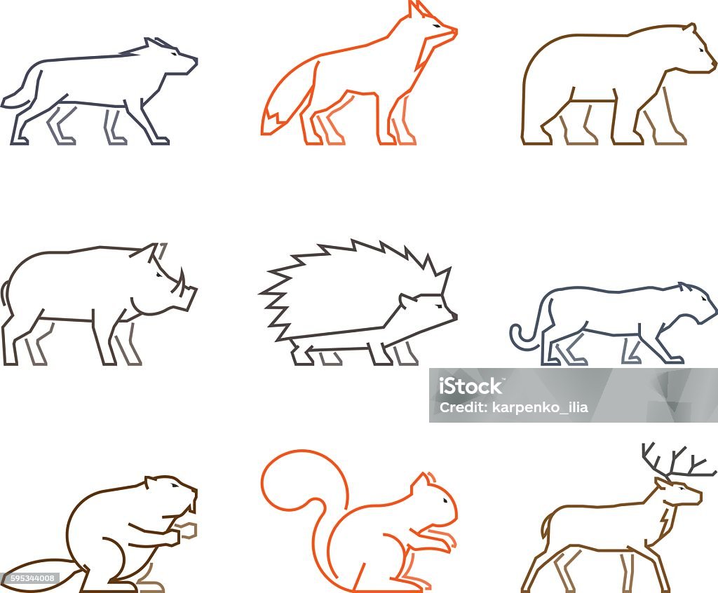 Colored outline set of forest animals. Colored outline set of forest animals. Line silhouettes wild animals isolated on white. Vector icons boar, squirrels, deer and beaver. Linear symbol fox, puma, wolf and bear. Mountain Lion stock vector