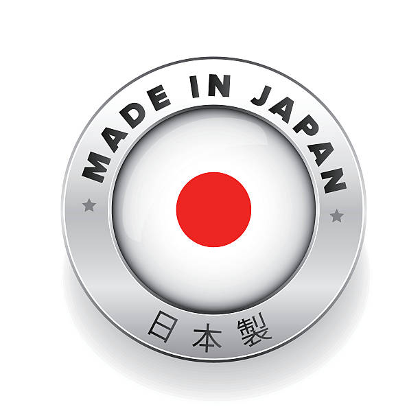 ilustraciones, imágenes clip art, dibujos animados e iconos de stock de botón plateado made in japan con traducción al japonés - made in japan