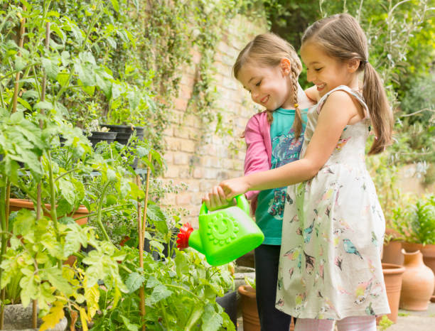 istock Hugging girls watering plants in garden 595348029