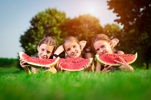istock Three cute girls eating watermelon 595348868