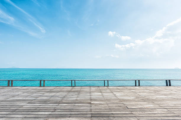istock wooden floor with beautiful ocean and blue sky scenery 595349760