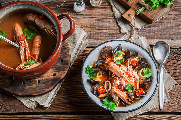 istock Seafood soup with mussels and langoustines 595349870