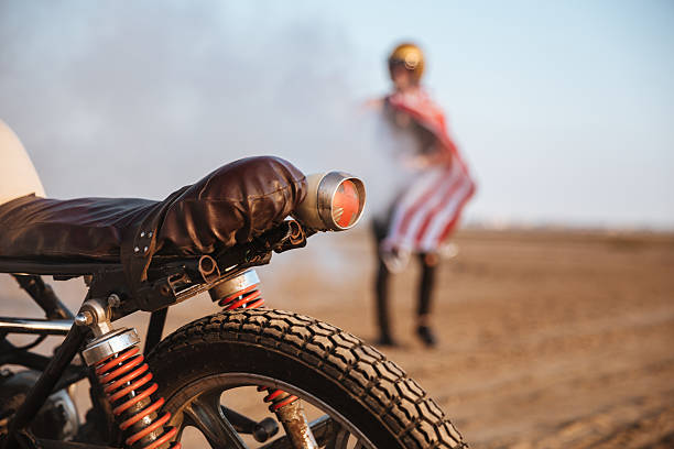istock Close up of motorcycle wheel and flashlights 595351496