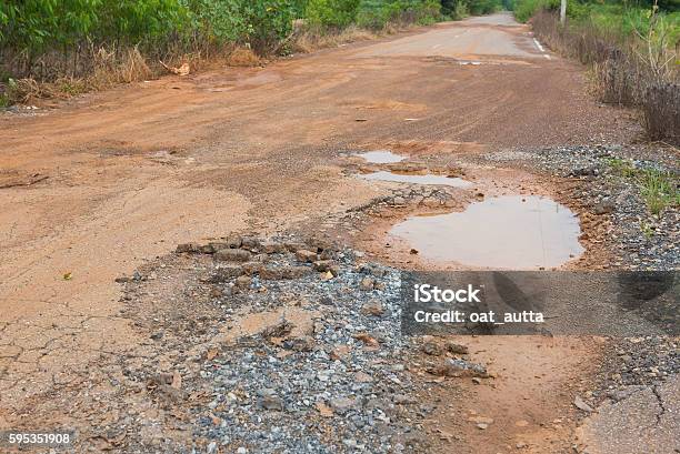 Tarmac Road In The Countryside With Potholes And Puddles Stock Photo - Download Image Now