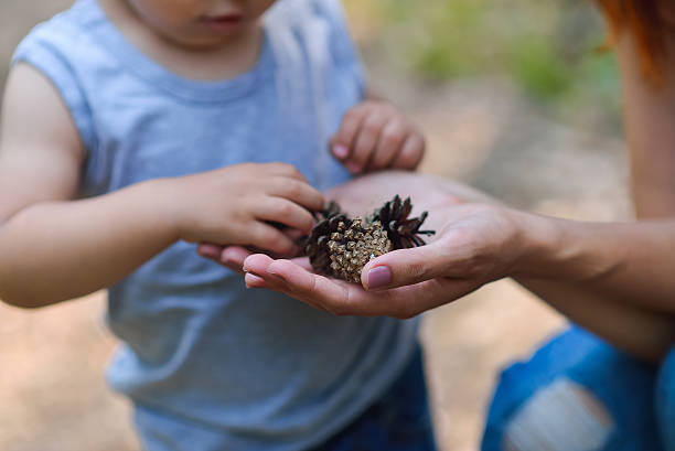 istock Mother and her little son discovering nature looking on pine 595355284