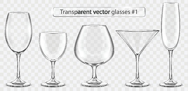 ilustraciones, imágenes clip art, dibujos animados e iconos de stock de juego de copas de vidrio vectorial transparente para bar de vinos - resoplar