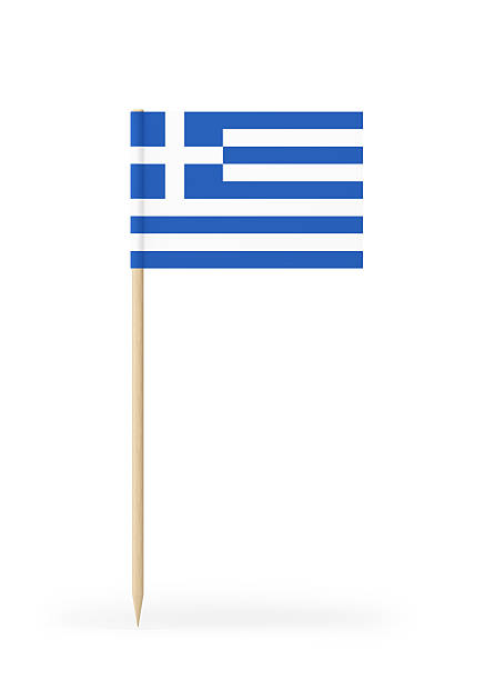 Small Greek flag on a toothpick. The flag has nicely detailed paper texture. High quality 3d render. Isolated on white background.