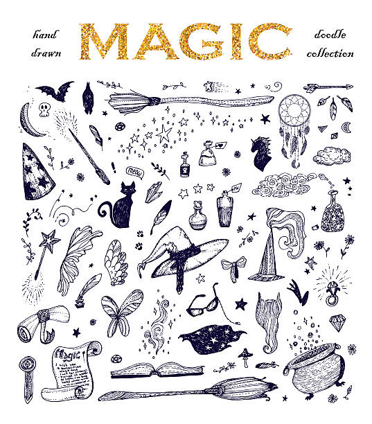 Cartoon doodle magic set. Cartoon doodle magic set, black ink sketch: wizard hat, fairy book, roll, potion, crystal, feathers, star... Hand drawn vector illustration. stage performance space illustrations stock illustrations