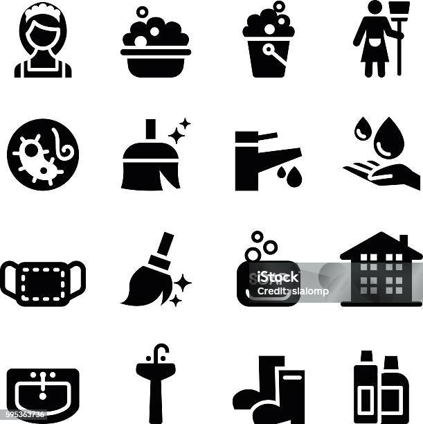 Housekeeper Cleaning Icons Set Stock Illustration - Download Image Now - Bacterium, Bar Of Soap, Bathroom
