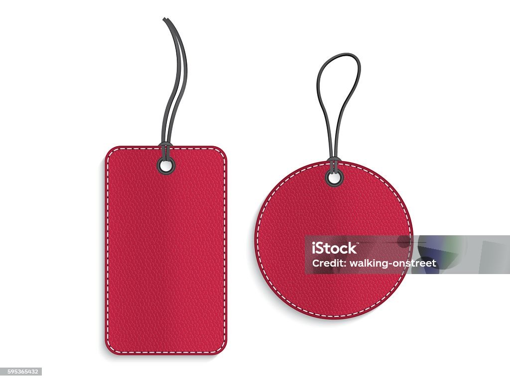 Rectángulo y círculo de etiquetas de cuero rojo sobre fondo blanco - arte vectorial de Etiqueta de equipaje libre de derechos