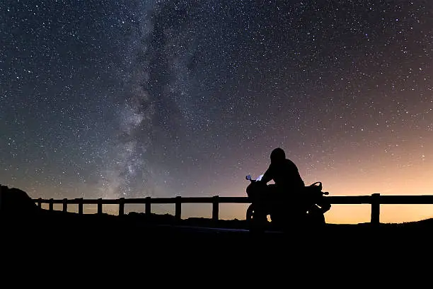 silhouette of biker driving a motorbike with Milky way landscape on background,