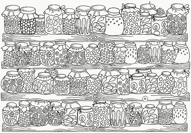 Pattern for coloring book. Set of glass jars. Canning. Pattern for coloring book. Set of glass jars. Canning.  Hand-drawn decorative elements in vector. Black and white pattern.  Made by trace from sketch. autumn coloring pages stock illustrations