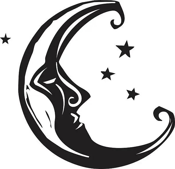 Vector illustration of Woodcut Moon and Stars