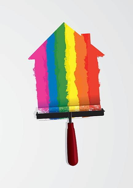 ilustrações de stock, clip art, desenhos animados e ícones de painting a house with rainbow colours - house painter paint roller yellow painting