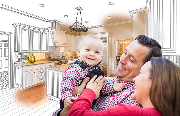 istock Young Family Over Custom Kitchen Drawing and Photo Combination 595727286