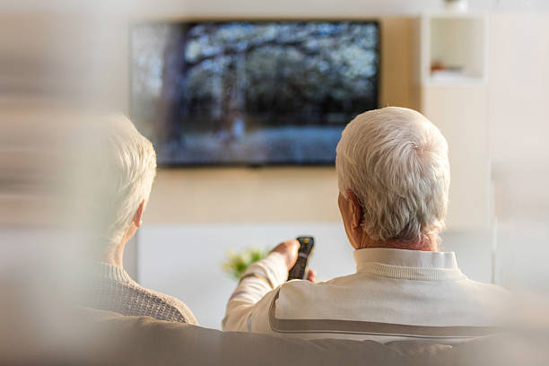 istock Rear view of senior couple looking television 595729352