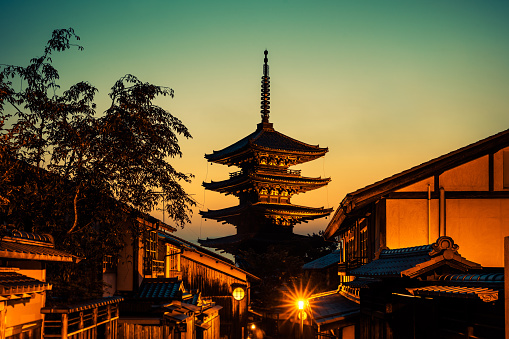 Kyoto, Japan - May 28, 2016: View at dusk to Yasaka Pagoda also known as Hokanji Temple.
