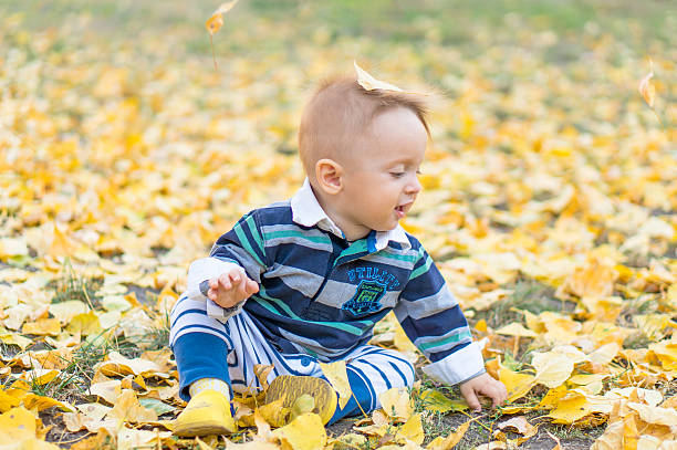 istock Little baby boy playing with yellow leaves 595730584
