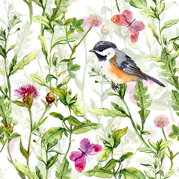istock Small bird in spring meadow flowers, butterflies. Repeated pattern. Watercolor 595730630