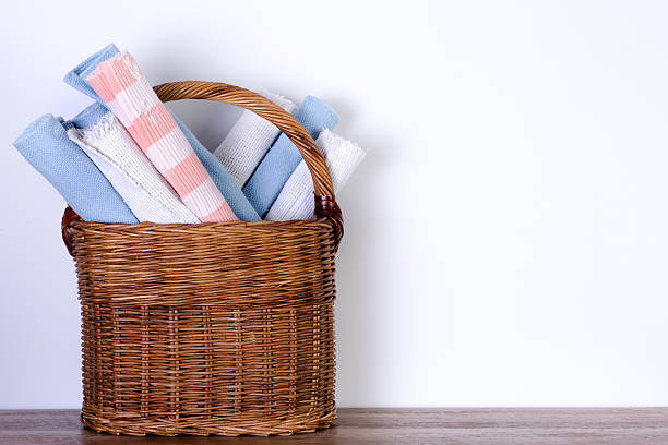 Mats in Basket Against White Wall with Copy Space