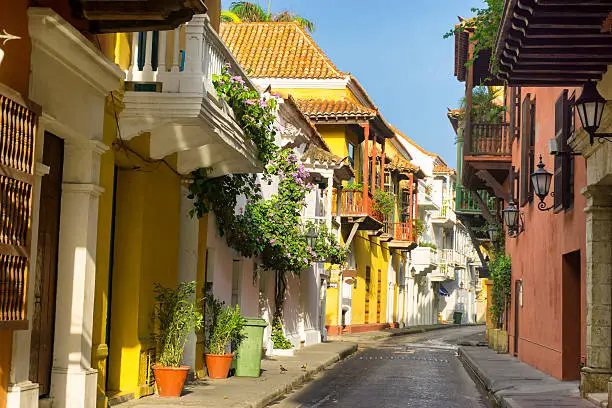 View of a beautiful colonial street in Cartagena, Colombia