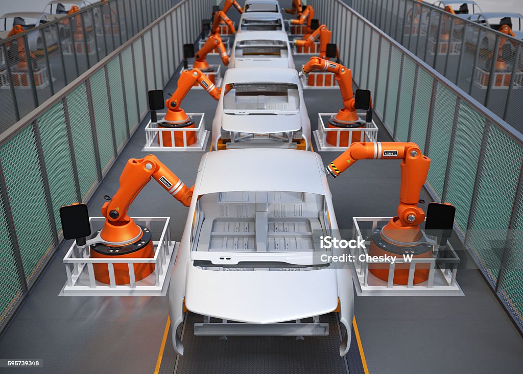 Electric vehicles body assembly line Electric vehicles body assembly line. 3D rendering image. Car Stock Photo