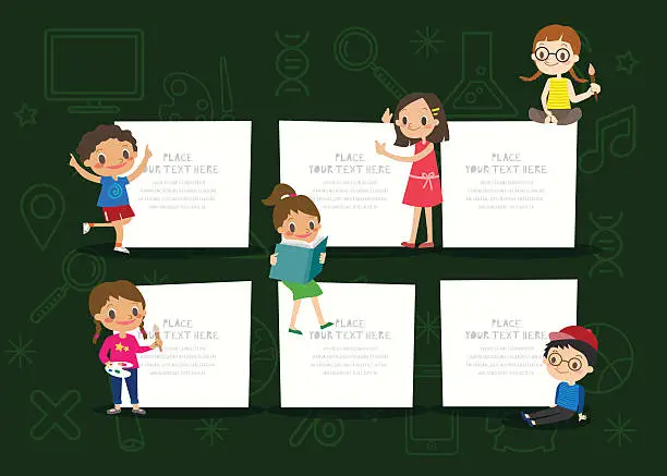 Vector illustration of kids with blank notepad board on green chalkboard background cartoon