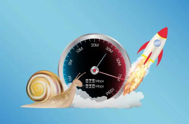 Vector illustration of internet speed meter with rocket and snail