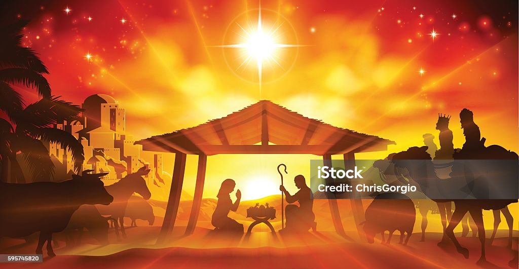 Christmas Nativity Scene Christmas Christian Nativity Scene of baby Jesus in the manger with Mary and Joseph in silhouette surrounded by animals and the three wise men with the city of Bethlehem in the distance Nativity Scene stock vector