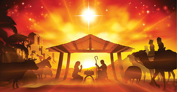 Christmas Nativity Scene Christmas Christian Nativity Scene of baby Jesus in the manger with Mary and Joseph in silhouette surrounded by animals and the three wise men with the city of Bethlehem in the distance jesus christ birth stock illustrations