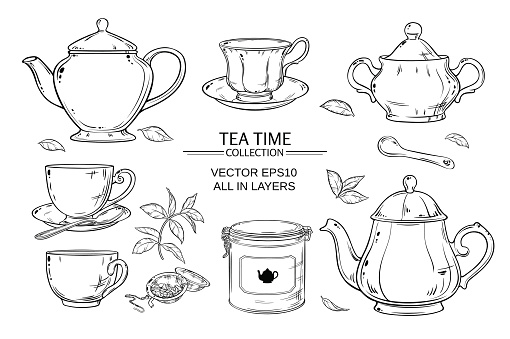 Vector set  with cups,  teapot,  sugar bowl, tin packaging and tea strainer on white background