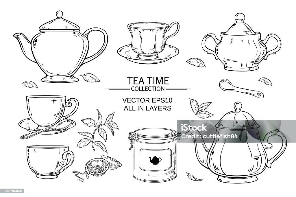 tea set on white background Vector set  with cups,  teapot,  sugar bowl, tin packaging and tea strainer on white background Tea - Hot Drink stock vector