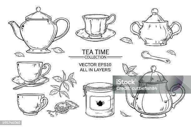 Tea Set On White Background Stock Illustration - Download Image Now - Tea - Hot Drink, Dried Tea Leaves, Teapot