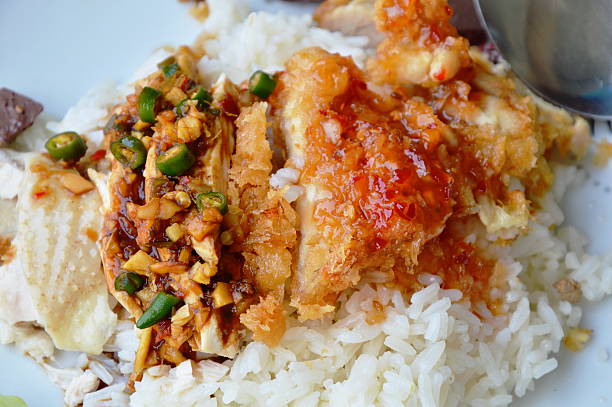 istock rice steamed mixed boiled and fried chicken dressing sauce 595750246