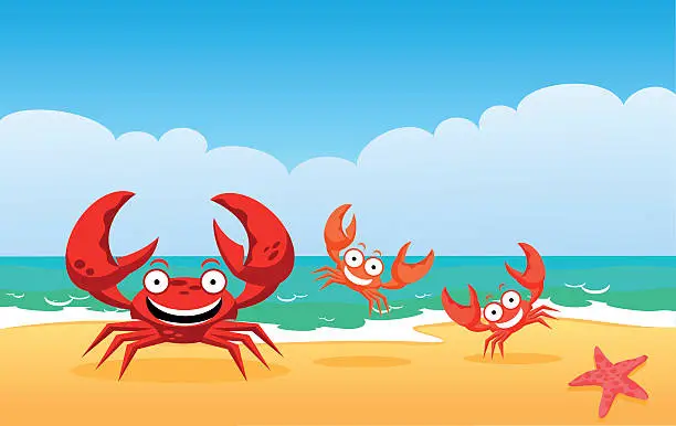 Vector illustration of Family of crabs on a beach