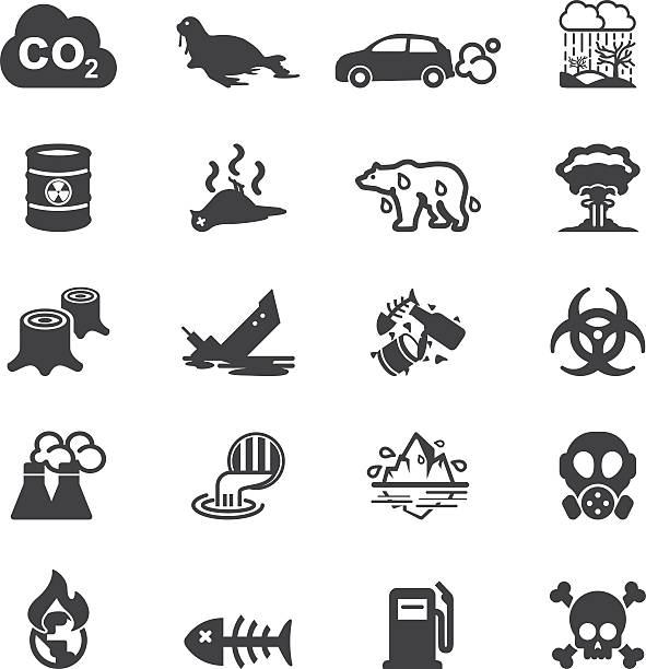 загрязнение silhouette иконы | eps10 - toxic waste vector biohazard symbol skull and crossbones stock illustrations